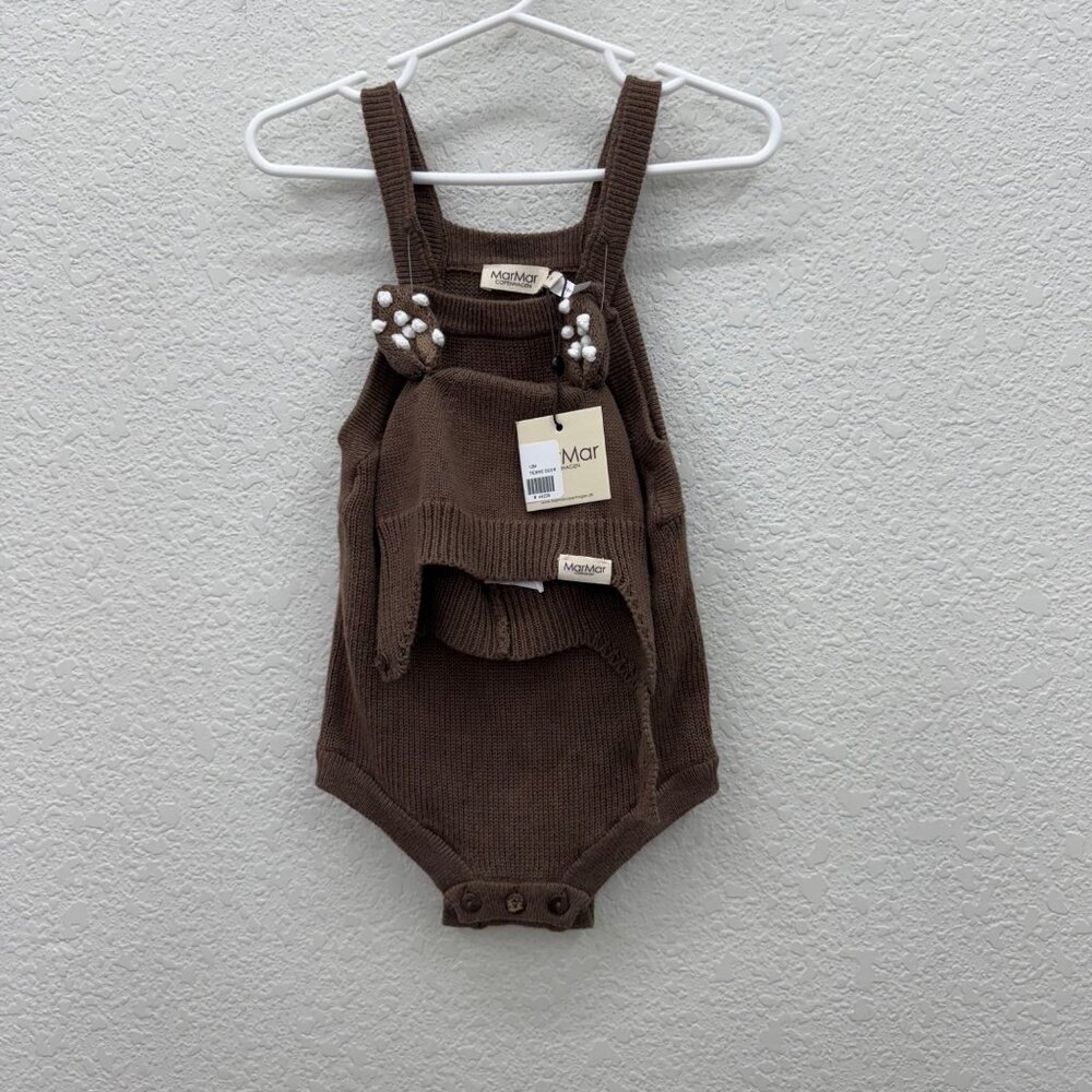 Mar Mar Copenhagen Rova Fallow Deer Brown Knit Romper Hat Set Infant 1 Year NEW